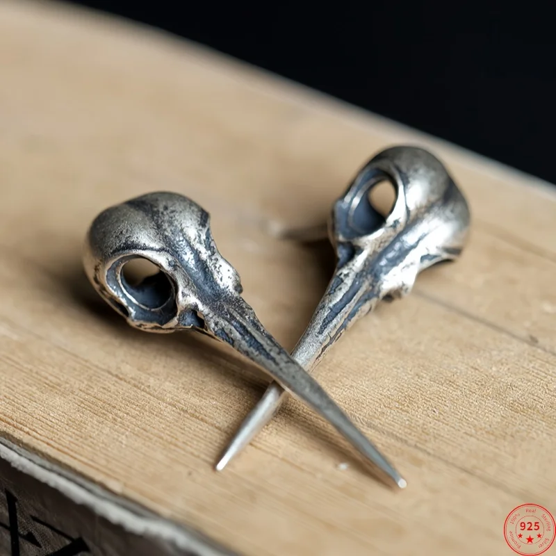 NEW Real S925 Sterling Silver Charms Stud Earrings for Women Ancient Hummingbird Skull Ear Stud Fashion Punk Fine Choice Jewelry