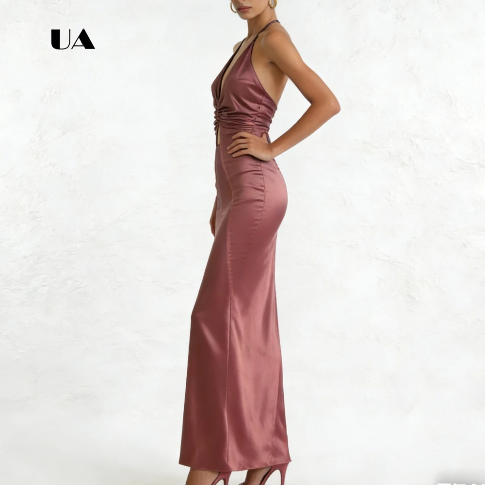 ULBYANRY Satin Halterneck Prom Dress, Solid Shirring Sleeveless Evening Dress for Woman, Cutout Backless Customized Party Gown