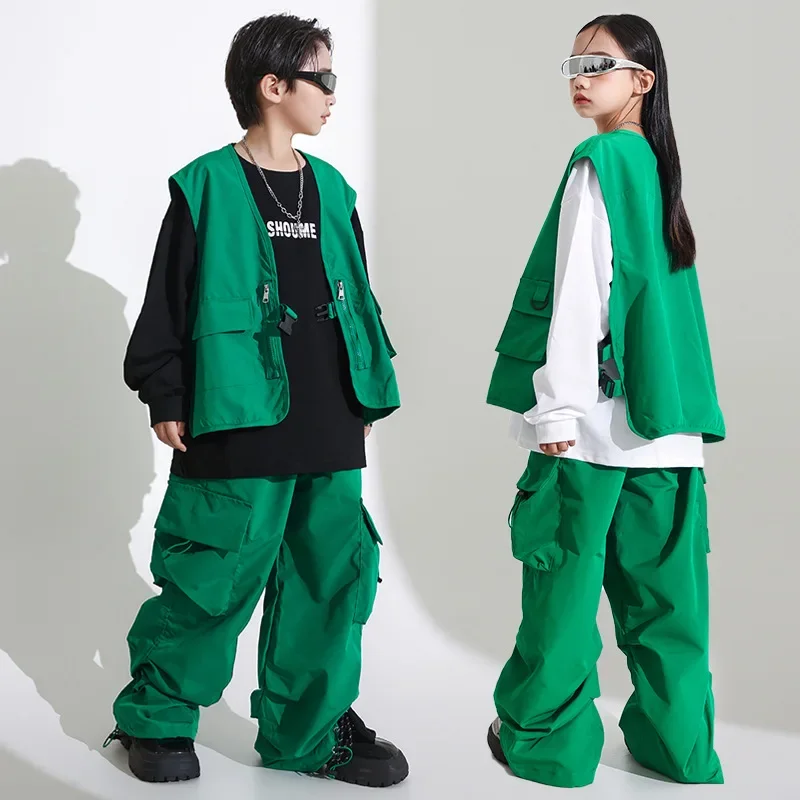 Trajes de baile de Hip Hop para niños adolescentes, traje verde, chaleco, Tops, pantalones Cargo, traje de rendimiento de Jazz, ropa de Hip Hop moderna para niños, ropa de escenario