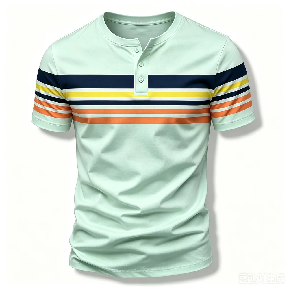 Fashion Henry Collar Short Sleeve Tees Casual Simple Men's Henry T shirt Funny Stripes Print Button Tops Summer Street Clothing view 3