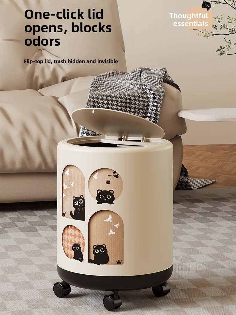 

Cute Covered Plastic Trash Can Large Capacity Bedroom Living Room Wheel-equipped Home Use Storage Dustbin Long Tub Shape