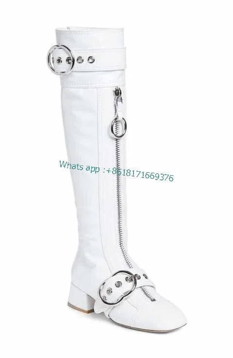 Women Violets Block High Heel Buckle Decor Zip Boots Luxury Knee High Round Toe Spring Boots Lady Fashion Shoes zapatillas mujer