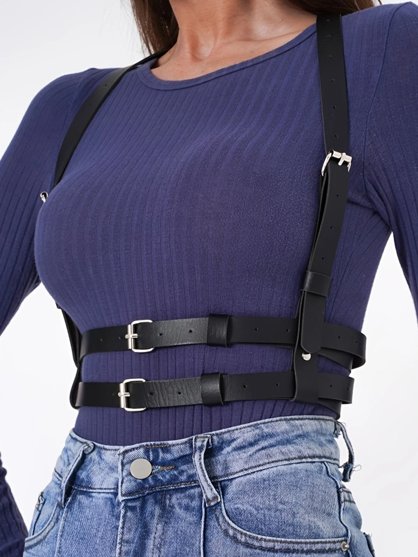 حزام الجسم من الجلد الصناعي قابل للتعديل للنساء، تفاصيل بإبزيم، إكسسوار عصري متعدد الاستخدامات للطبقات فوق القمصان والفساتين،