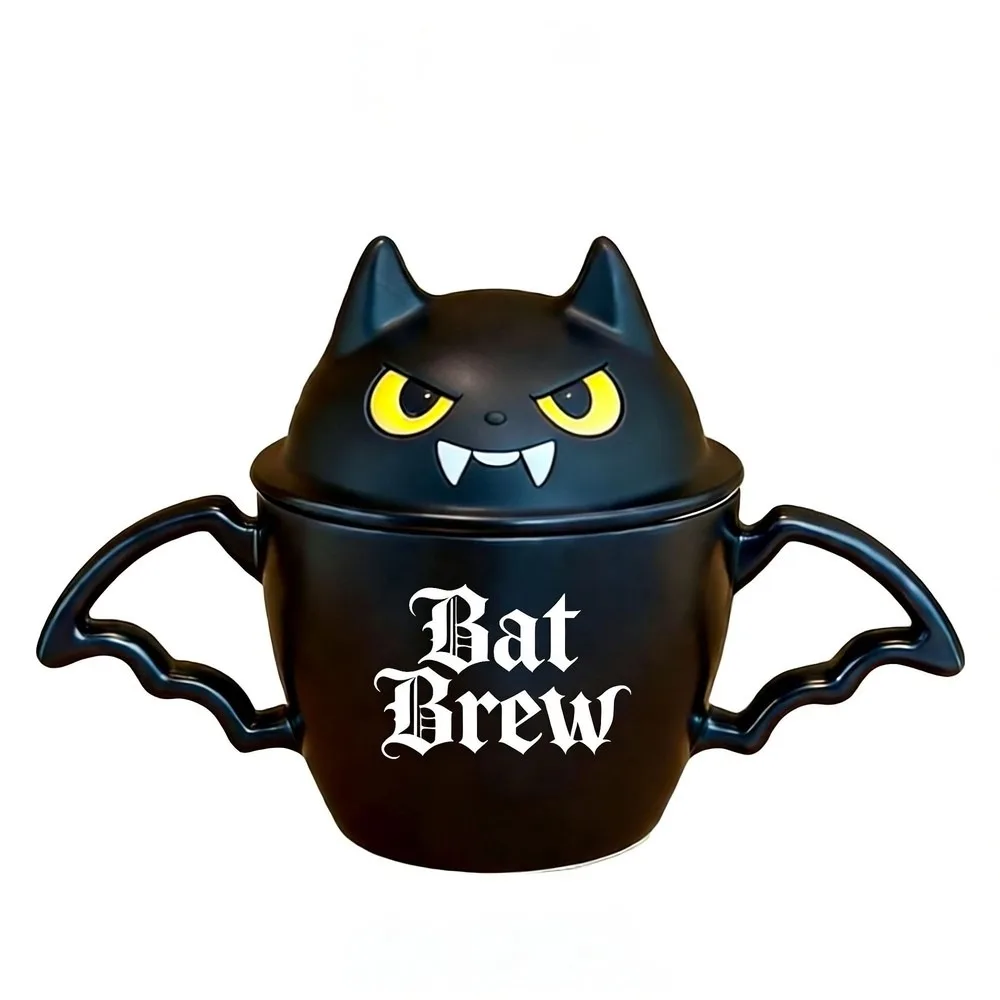 Halloween Bat Black Cat Ceramic Mug with Lid Double Handle Gothic Coffee Tea Cup Creative Gift for Party