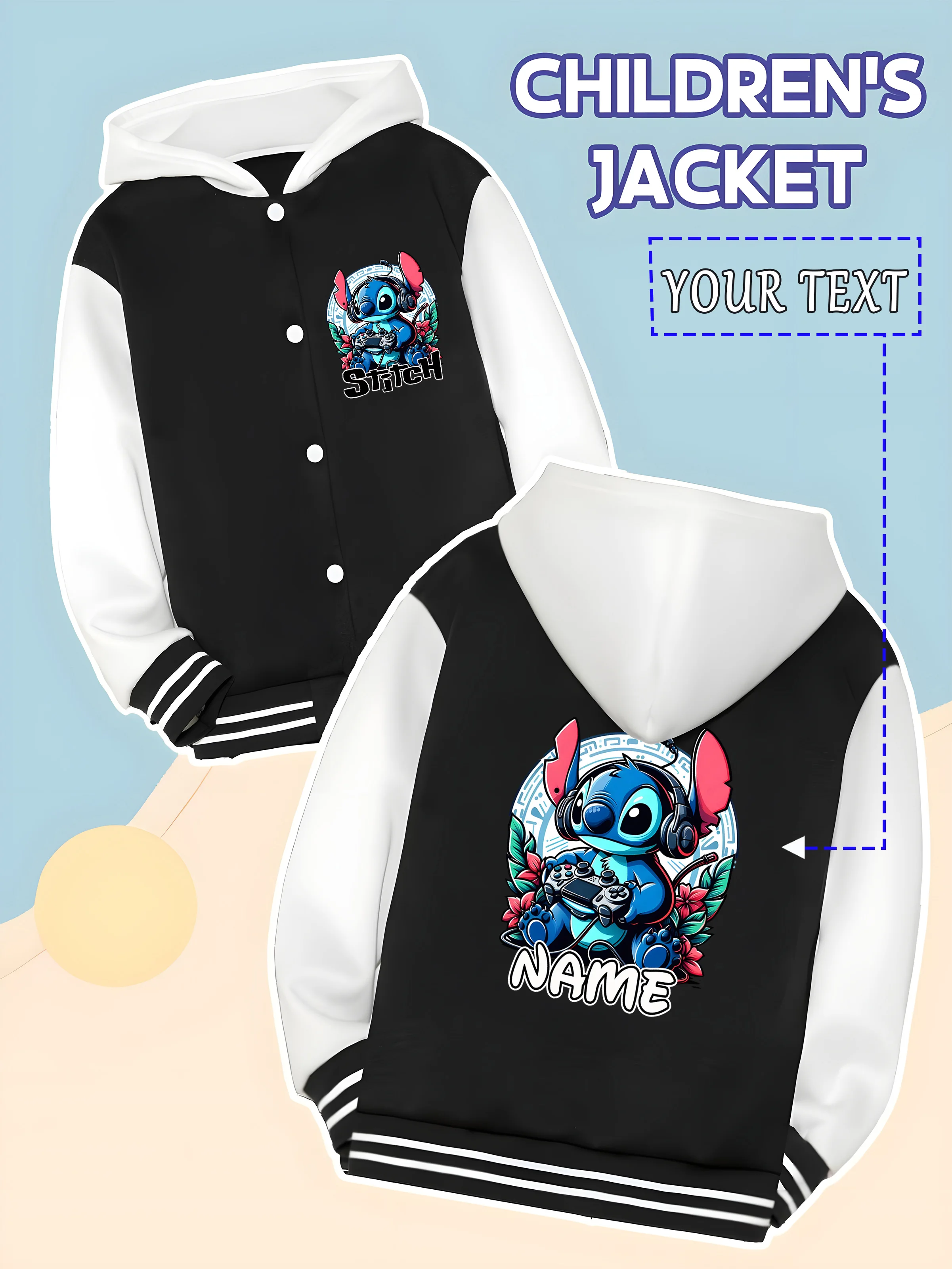 

MINISO Disney Stitch Boys Baseball Jacket - Stitch plays games with headphones, creating a stylish and personalized look with "N