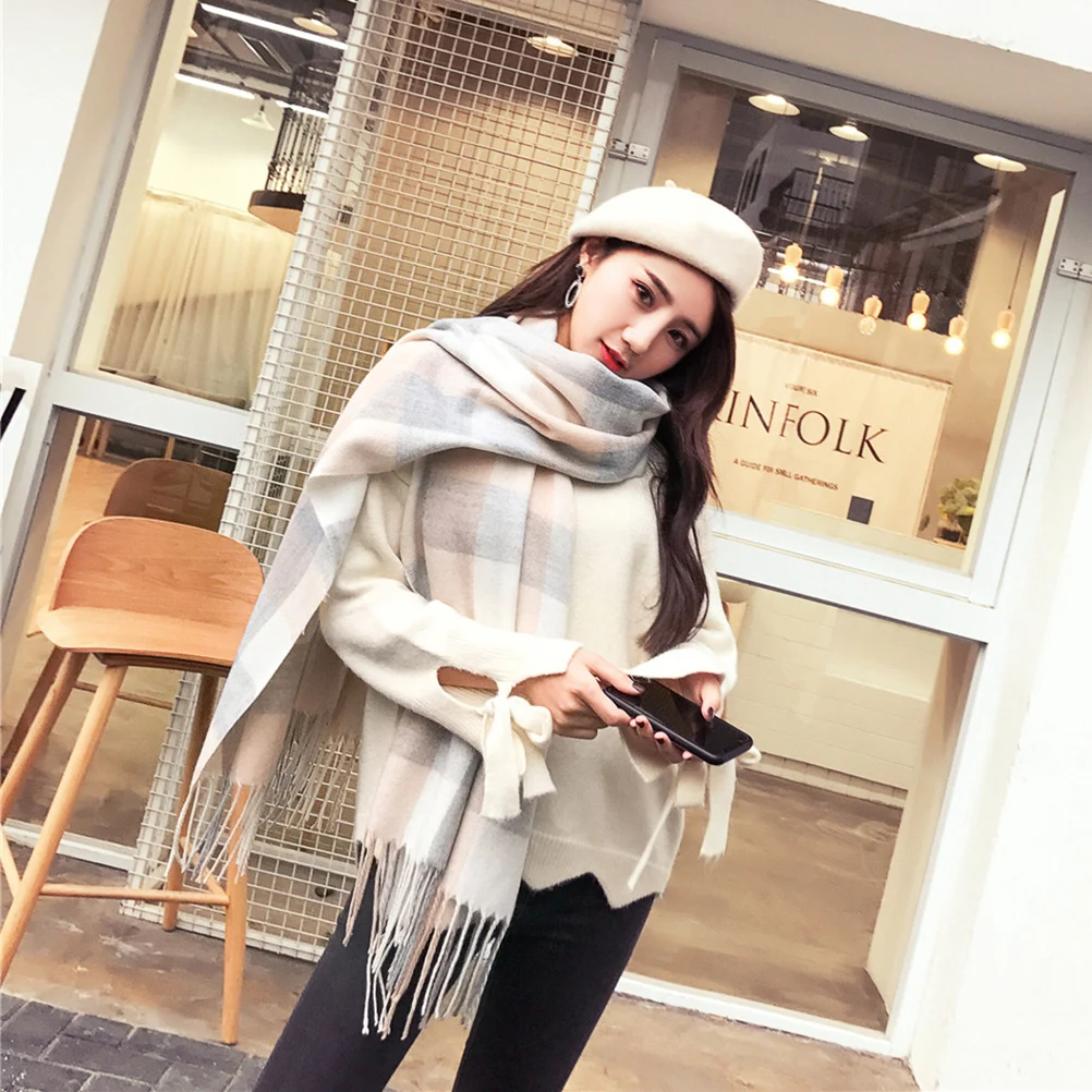 

Winter Scarf Premium Wool Lattice Tassel Long Warm Cashmere Scarves Stylish Outdoor Spring Autumn Gift Female Skiing Winter Wear