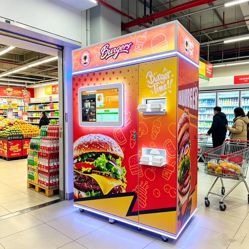 Smart Hot Food Burger Vending Kiosk Unattended Selling Equipment For Hotel Lobby Customized
