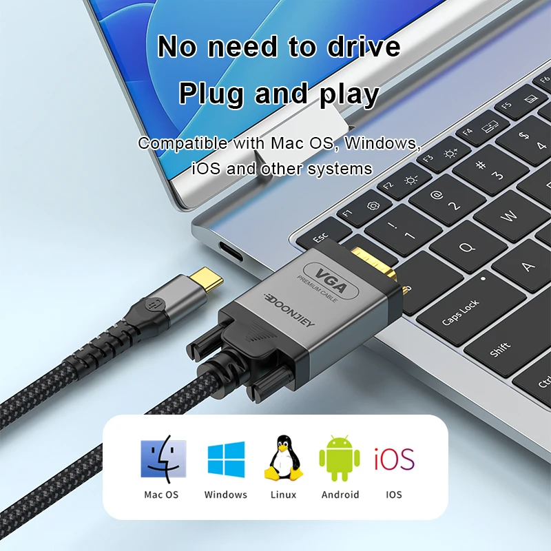 USB Type C to VGA Adapter Cable 1080P Type-C Male to VGA Male Video Converter Cable For HDTV Projector Laptop Monitor 2M - view 5