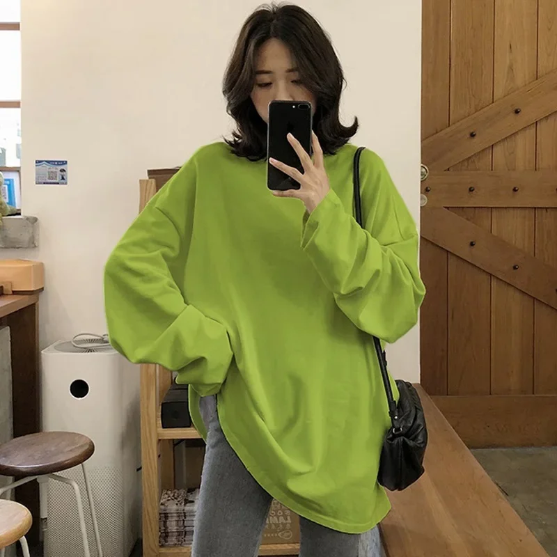 spring autumn Solid Simple oversized tshirt harajuku long T Shirt Women kawaii T-shirts 90s White yellow Sleeve Tops