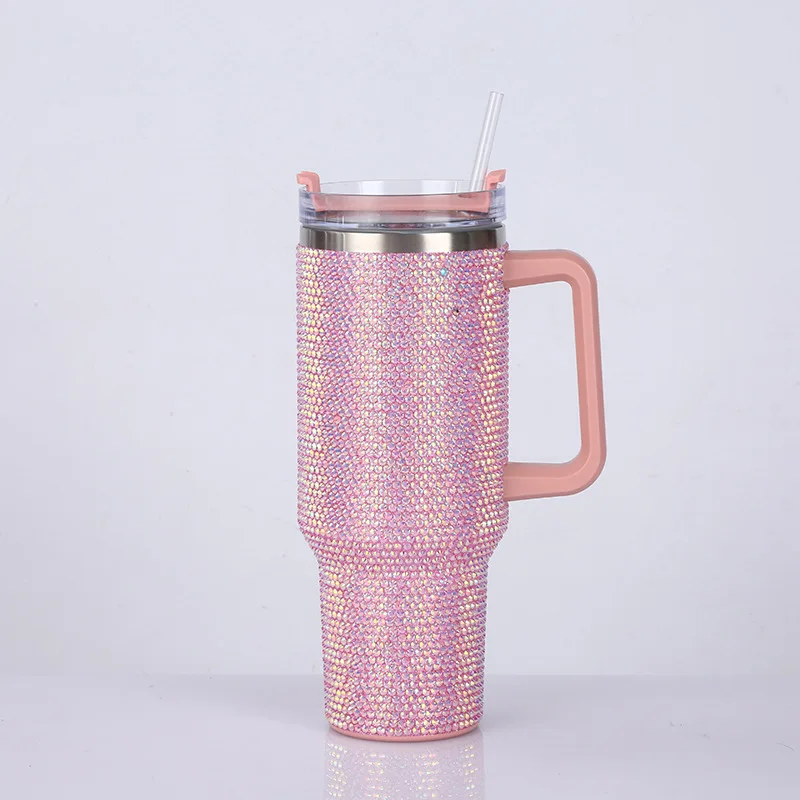 Diamond studded new 40oz diamond car cup, high aesthetic stainless steel straw cup, large capacity handle, ice resistant cup