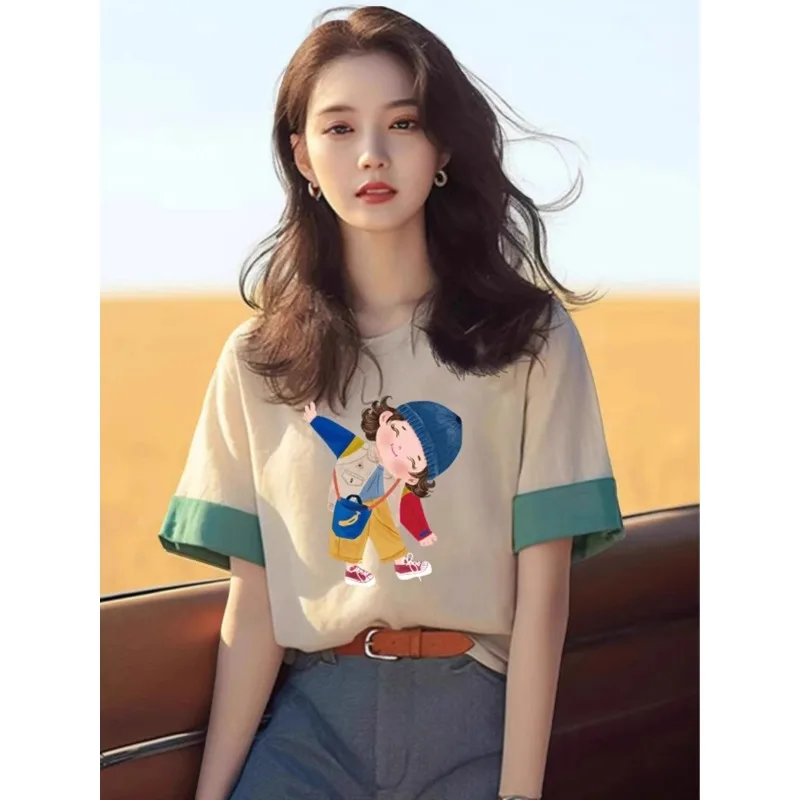 Contrast Green Cuff Short Sleeve T-Shirt Women Casual Loose Fit Crew Neck Cotton Tee Tops
