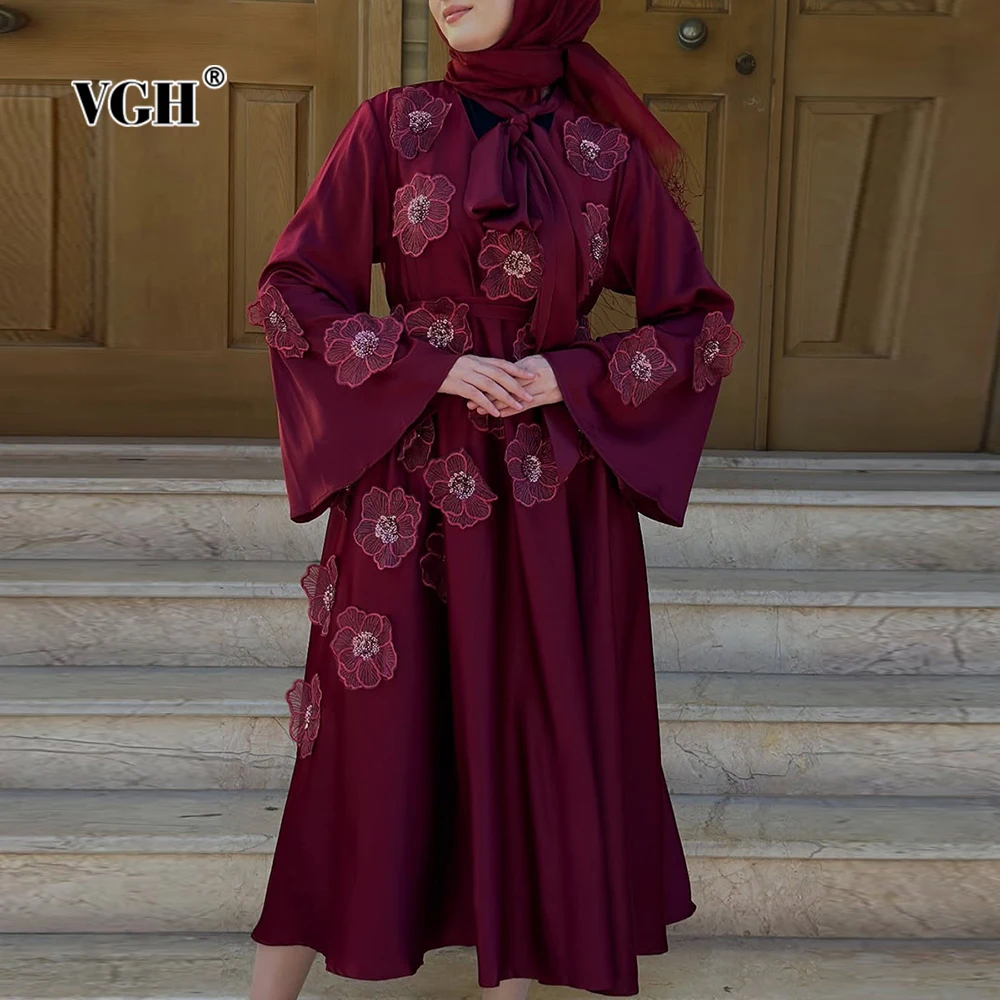 

VGH Solid Spliced Appliques Midi Dresses for Women Scarf Collar Flare Sleeve High Waist Elegant Temperament Folds Dress Female