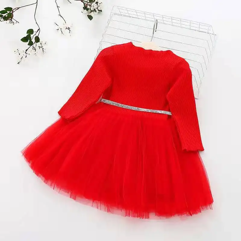 Spring and Autumn New Girls' Long Sleeved Knitted Mesh Dress with Broken Flower Splice Star Bow Sweetly Lovely Princess Dress