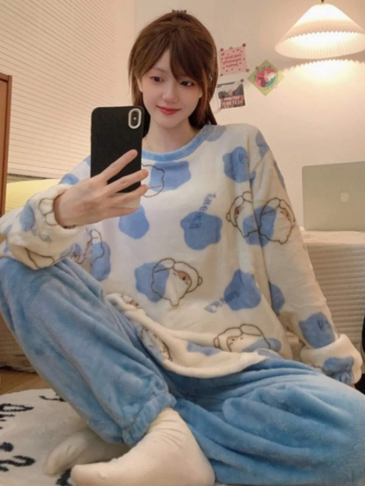 

Women's Coral Fleece Flannel Pajamas Set Thickened Home Clothes Long Sleeve round Neck Print Sleepwear Winter Autumn Cute Car...
