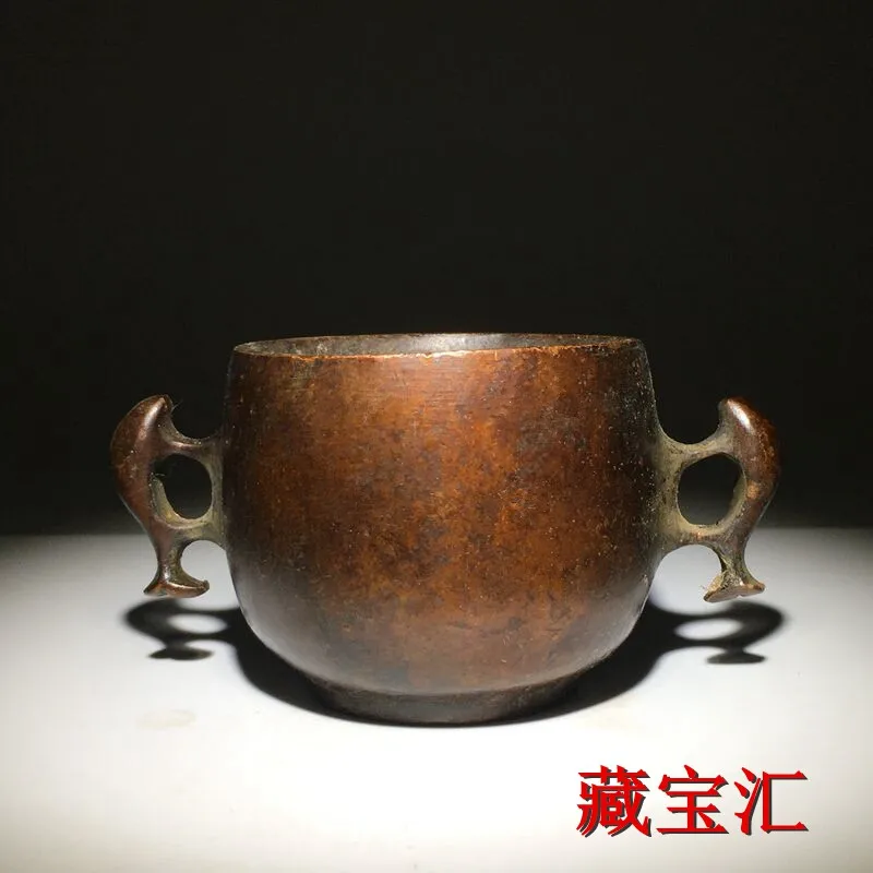 Old Collection Antique Copper Ware Xuande Mark Purple Copper Double Fish Ear Small Household Incense Burner