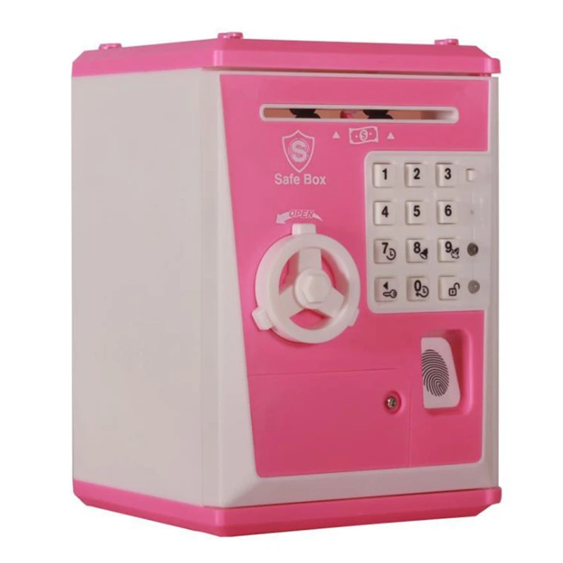 Hucha con huella dactilar para niños, caja de seguridad con contraseña, juguete electrónico, cajero automático, Banco de Ahorro, color rosa y blanco