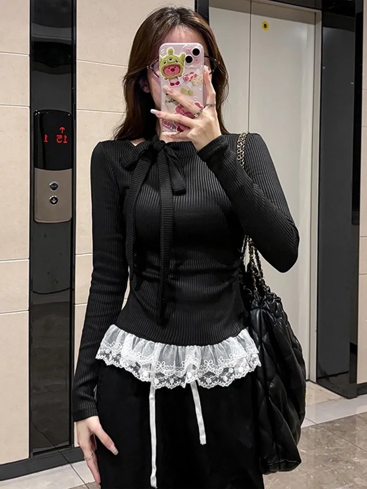 المرأة طويلة Sve Fce Ne معلقة Saes تي شيرت الدانتيل تقليم قاعدة irt ملابس داخلية علوية لخريف شتاء تصميم فتاة حار