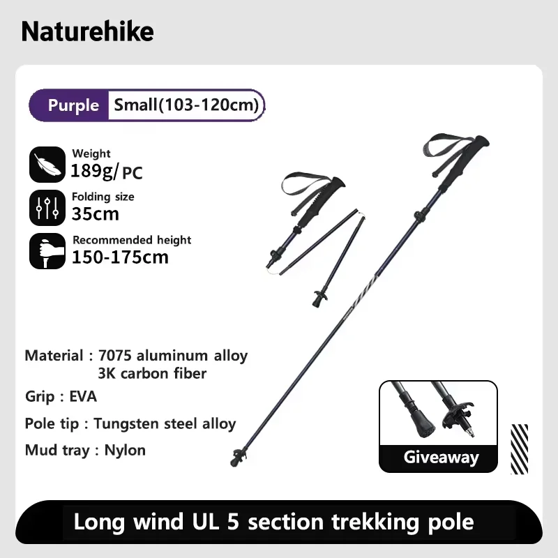 Naturehike-bastones de Trekking de viento largo, fibra de carbono 7075, aleación de aluminio, bastones ligeros plegables de cinco secciones para escalar