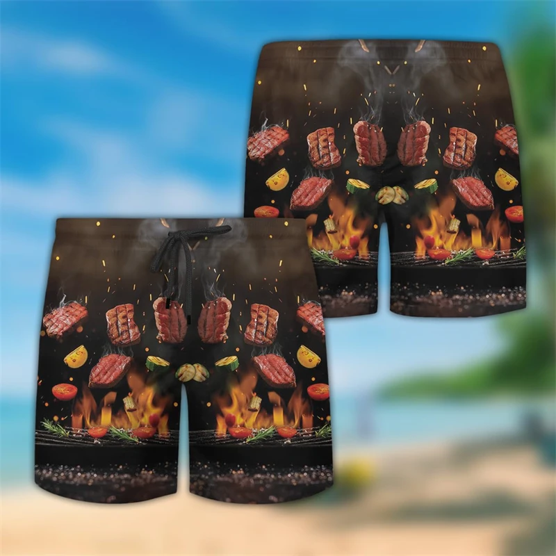 Steak Food Barbecue 3D-Druck kurze Hosen für Männer Kleidung Grill Grillen Hawaii Strand Shorts köstliche Grill Trunks Jungen Hose