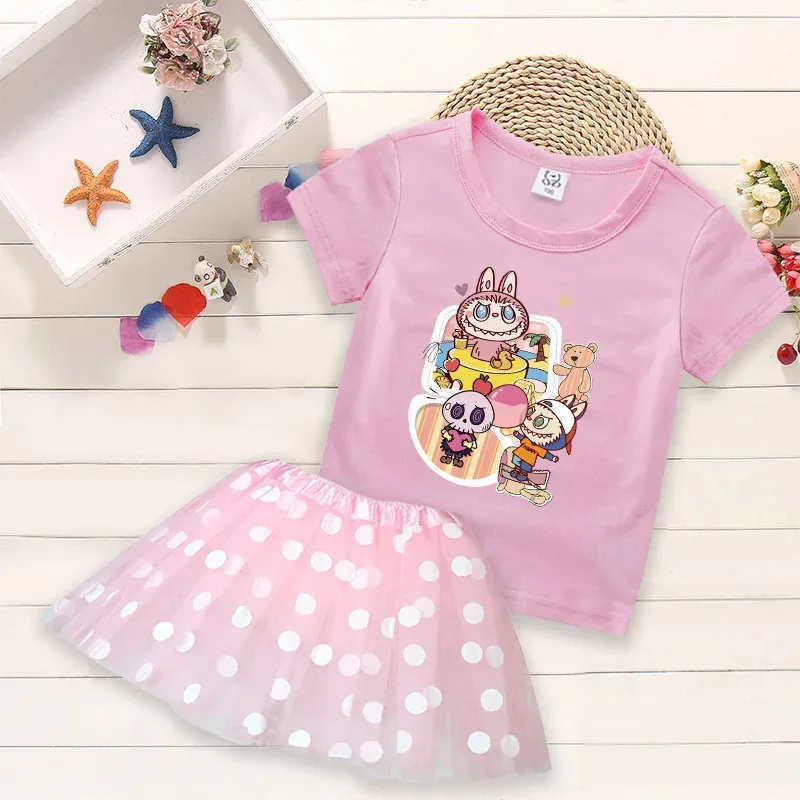 Labubu فتاة تي شيرت العباءات مجموعة الملابس 2 قطعة مجموعة طفل لطيف أنيمي القمم الأميرة تنورة الزي Y2K الاتجاه الشارع kawaii زي الملابس