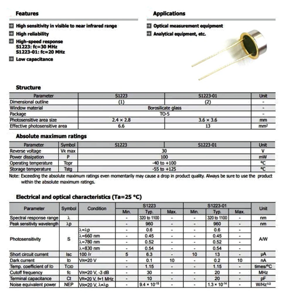 1PCS/Lot S1223 S1223-01 DIP-2 Silicon PIN photodiode peak wavelength 960nm 320nm-1100nm high sensitivity