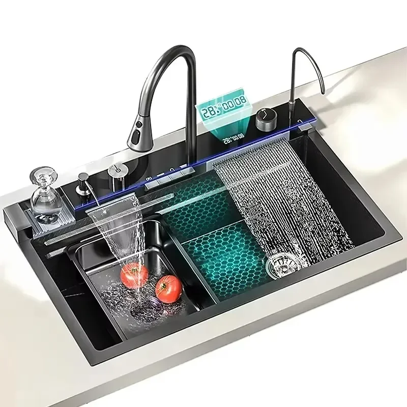 

Anti-Scratch Stainless Steel Kitchen Sink Handmade Single Bowl Slot Multifunction Smart LED Digital Display Waterfall Cup Washer