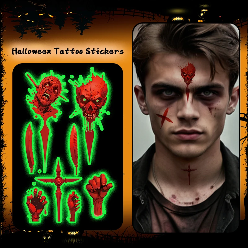 

1Pc Glow-in-the-Dark Waterproof Temporary Tattoo Sticker, Halloween Horror Makeup, For Parties and Halloween Role-playing.