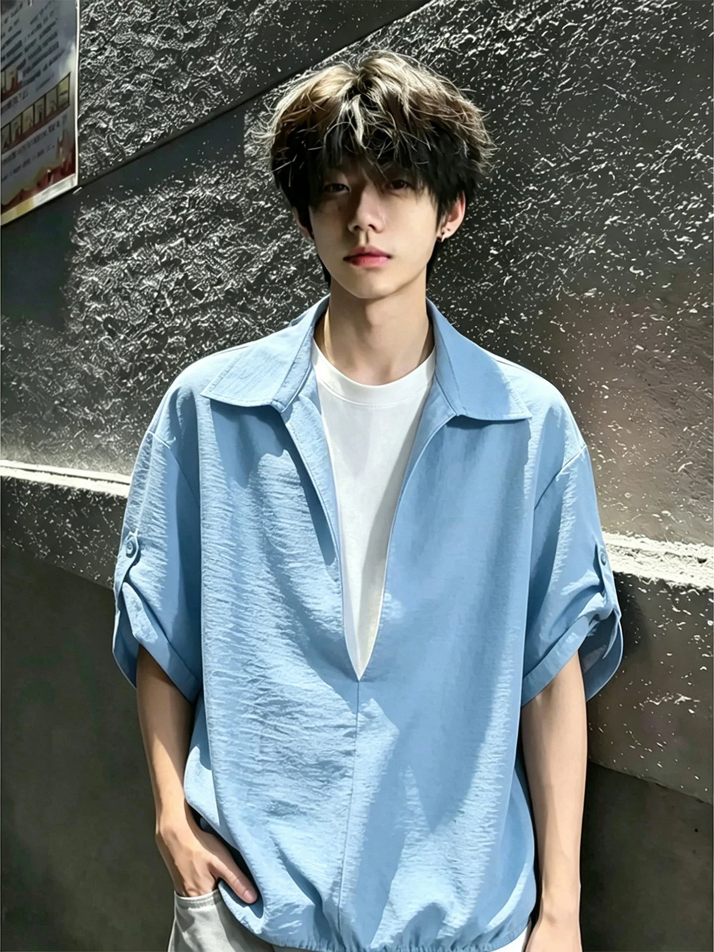 

Blue V-Neck Short Sleeve Shirt Men's Summer Texture Artificial Linen Ice Silk Shirt Loose Fit Fake Two-Piece Washed Polyester