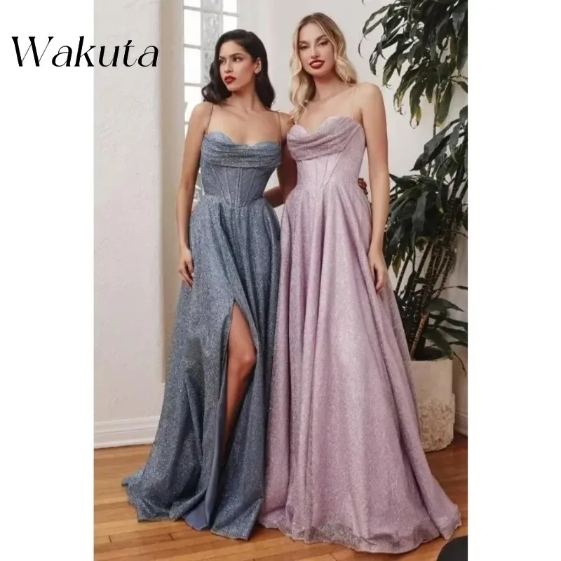 Wakuta Shiny Spaghetti Straps Sequin Prom Dress for Women 2024 Sexy Sweetheart Party Evening Gowns High Slit Vestidos De Fiesta