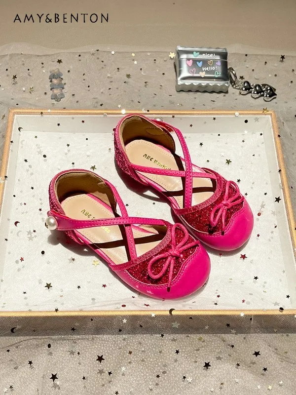 Children Glitter Hollow Out Flat Sandals Crisscross Band Bow Decor Anti-slip Sole Little Girls Wedding Party Princess Footwear