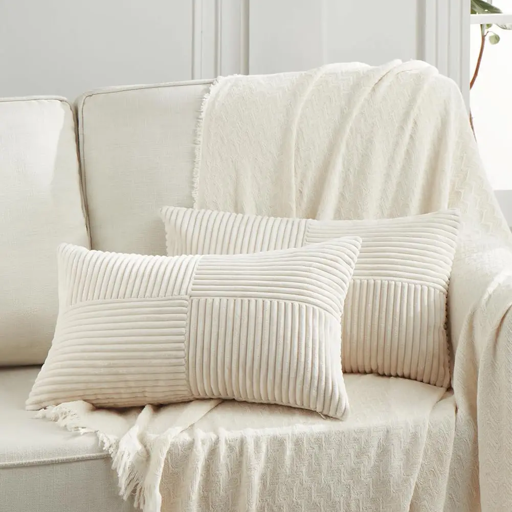 

2 Packs Cream Lumbar Decorative Throw Pillow Covers 12X20 H For Living Room Couch Bed Sofa, Rustic Farmhouse Boho Home Decor,