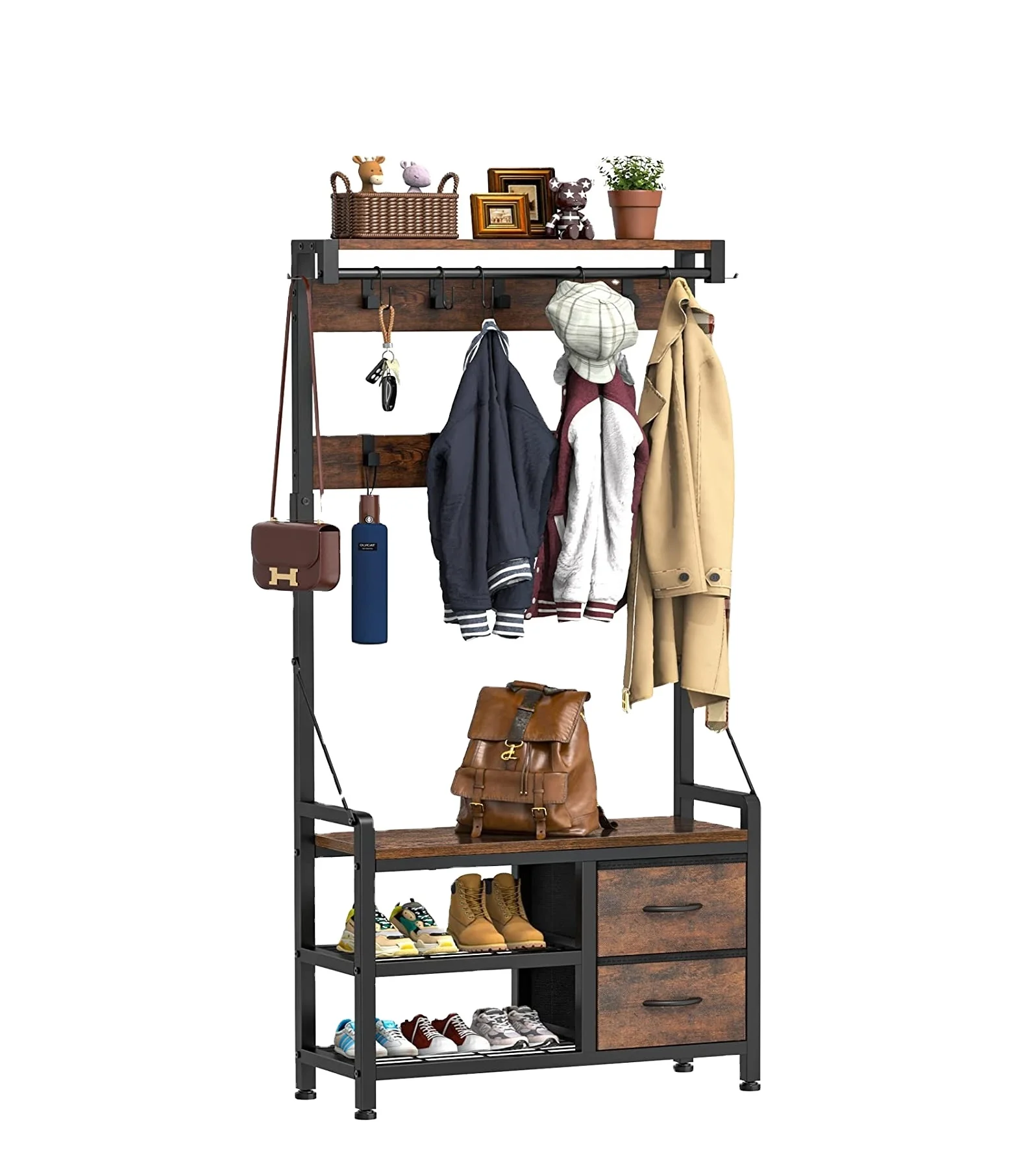 Entryway Bench Freestanding 4 in 1 Intelligent Design Shoe Bench and Wall Rack Coat Rack