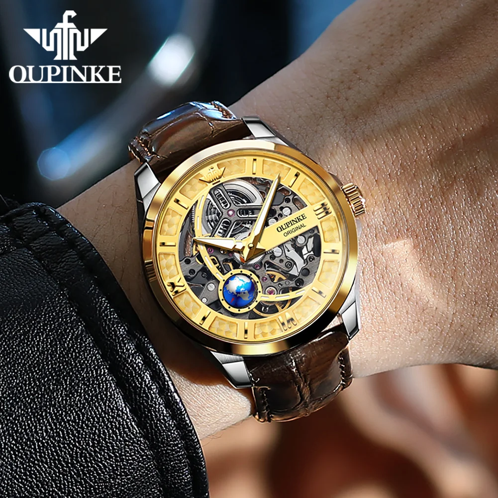 OUPINKE 3268 Orologio da uomo di alta qualità di lusso scheletro orologio meccanico automatico 50M orologio impermeabile cinturino in pelle regali Reloj