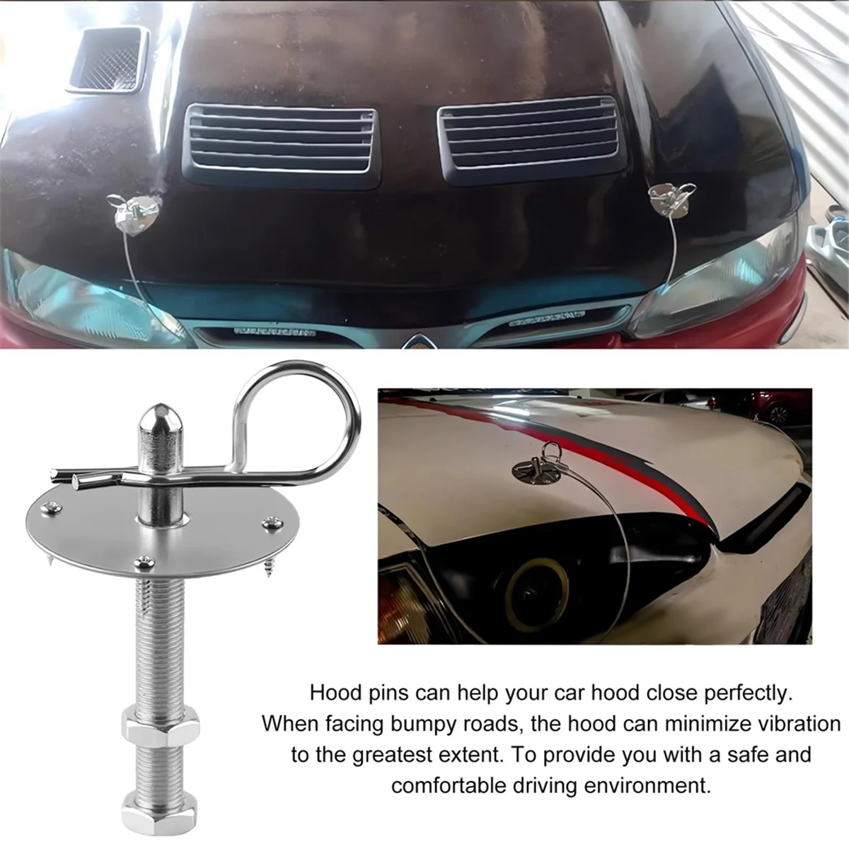 Hood Pins Kit for Car, Hood Pin Plate Lock Clip Kit, Universal Engine Hood Pins Bonnet Locking Catch Clip Kits