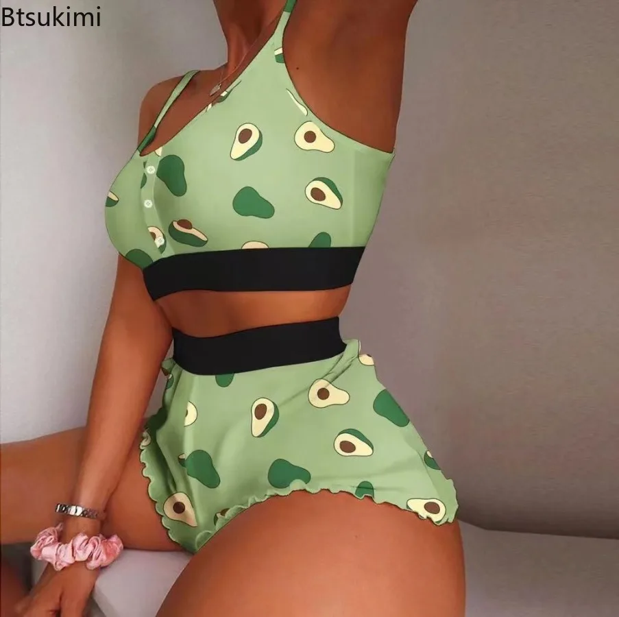 New Pajamas Sets Women's Sexy Sweet Sleepwear Two Pieces Comfortable Milk Silk Sling Top and Shorts Fashion Print Homewear Suit