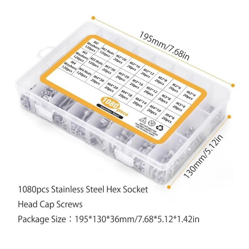 Hex Socket Machine Screws Bolts Nuts Washers Assortment Kit 1080Pcs M2 M3 M4 Hex Socket Head Cap Screws 304 Stainless Steel