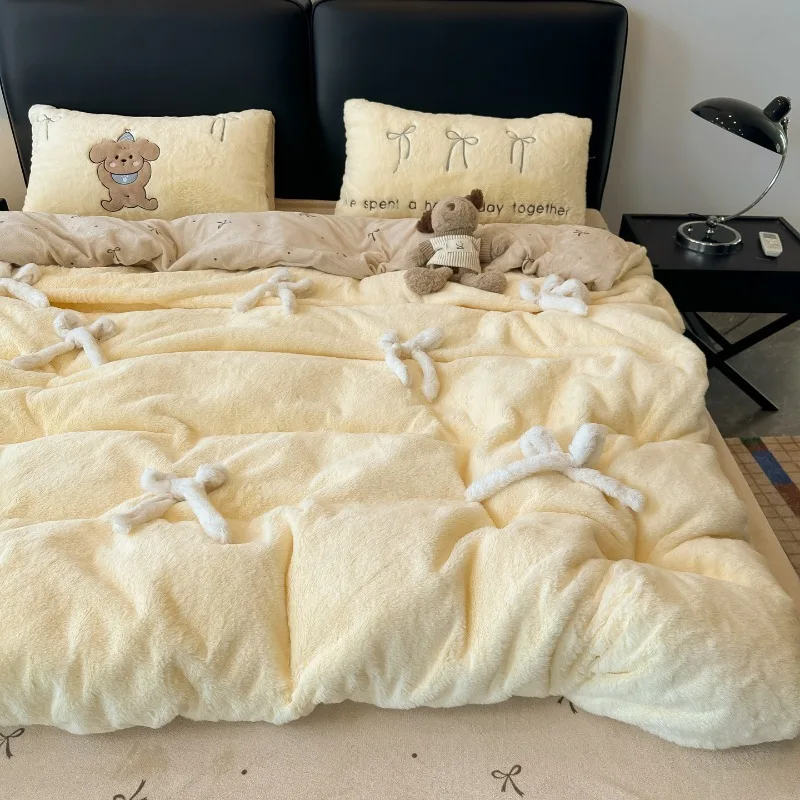 Three-dimensional Bow Milk Fleece Bed Four-piece Set Winter Thick Coral Flannel Quilt Cover Bed Sheet Pillowcase Bedding Set