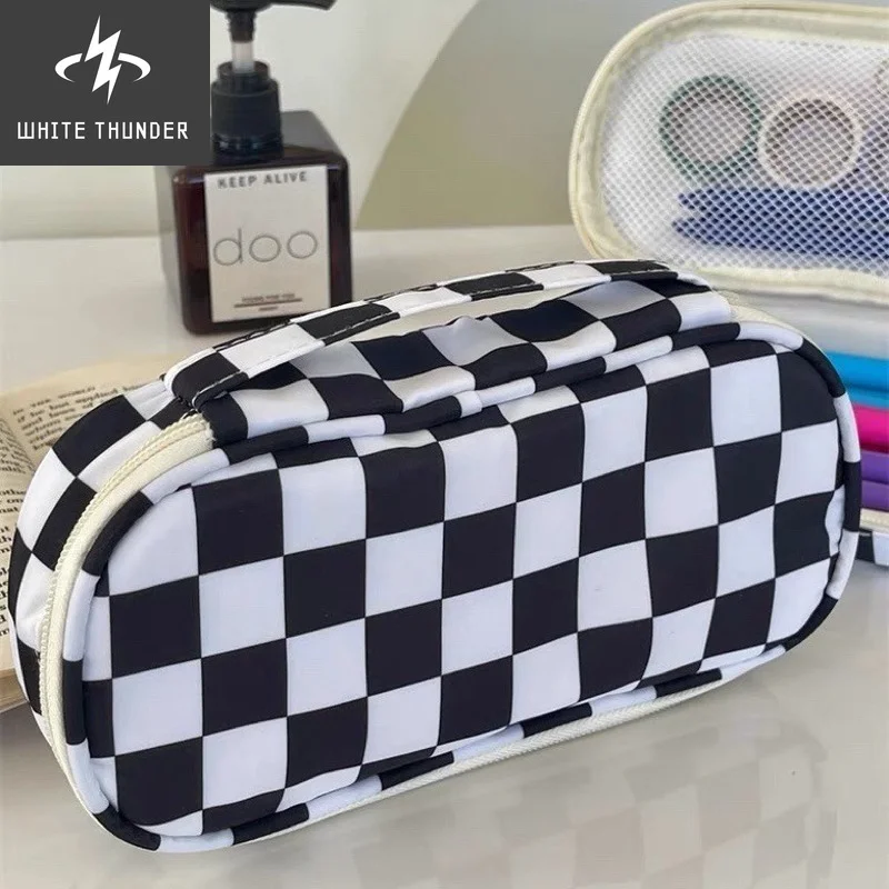 

Black White Lattice Pencil Case Large Capacity Canvas Pencil Bag Kawaii Stationery School Pen Case Storage Bag Students Pouch