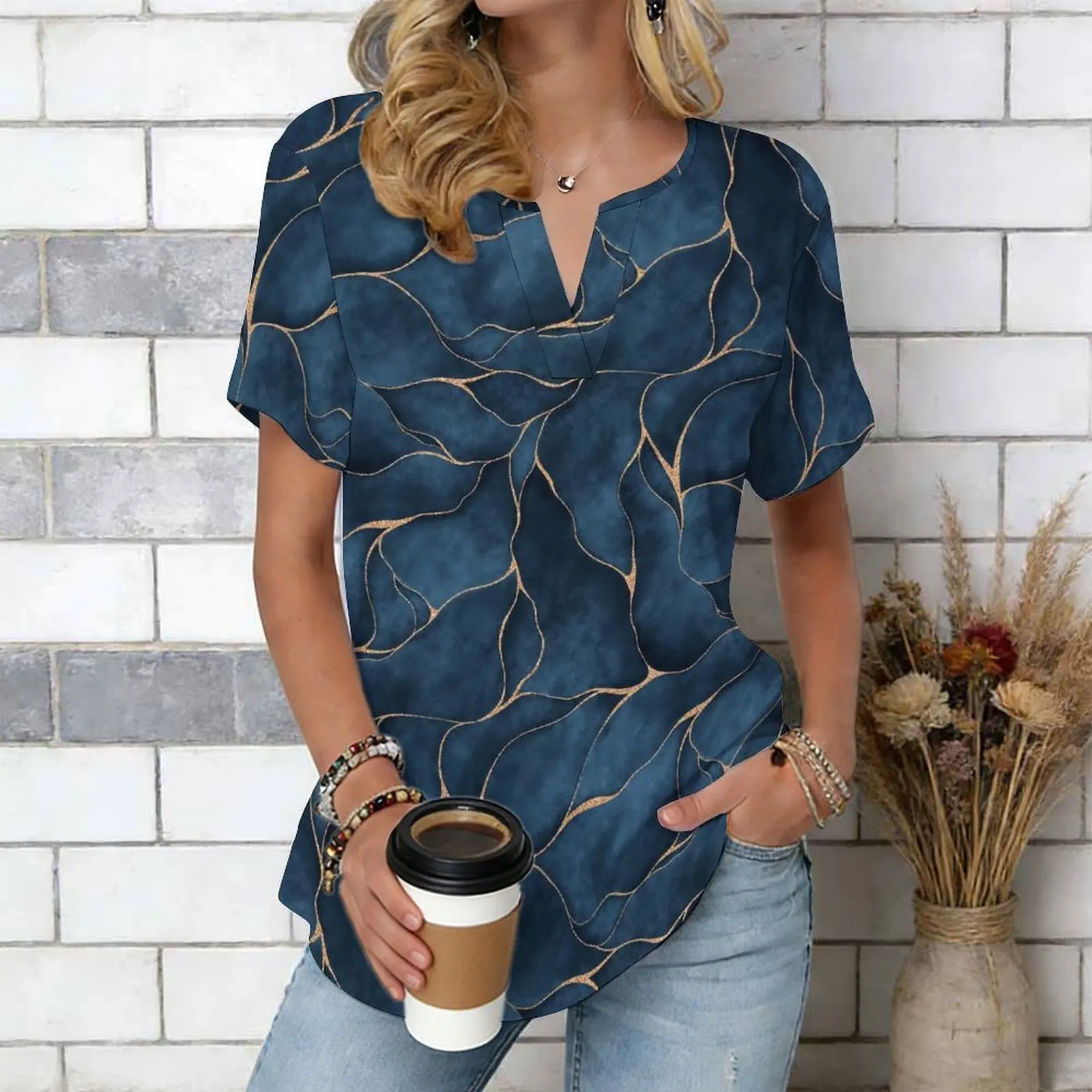 Women Print Notched V Neck Short Sleeve Casual Loose Tunic Tops