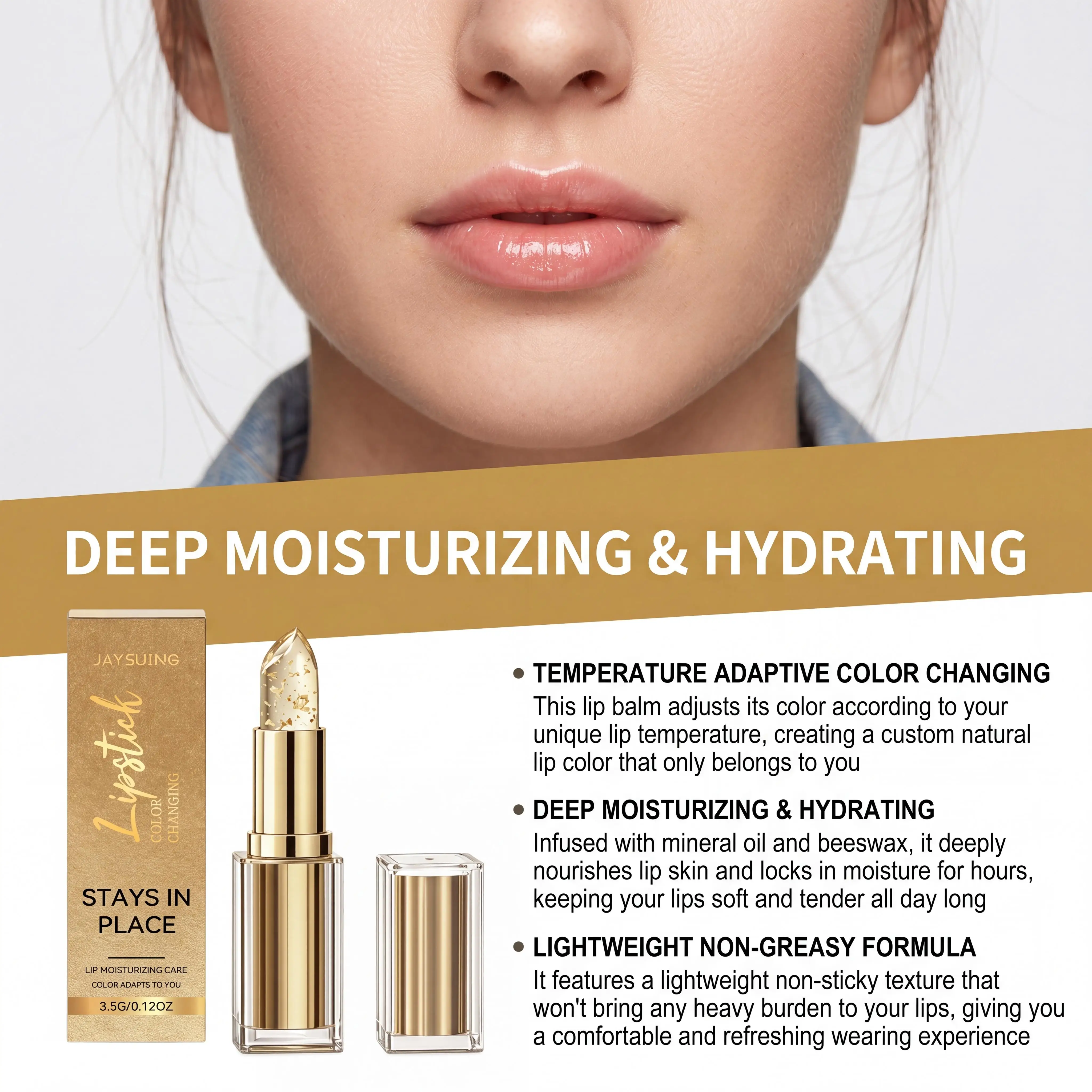 Goldfolie Farbwechselnder Lippenbalsam Anpassung an den Lippenton Transparenter Wasserfester Kristall-Jelly Perlglanz-Lipgloss Feuchtigkeitsspendender Lippenstift – Detail 11