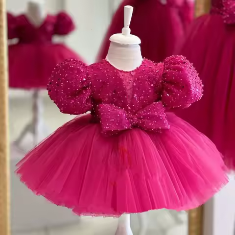 Infant Vintage Pink Birthday Baptism Party Dress Girls Sequin Bow Dress Baby Girl Lace Costume Kids Fashion Evening Prom Gown