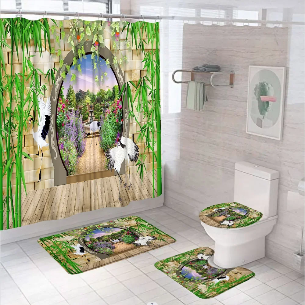 Bird Crane Garden Shower Curtain Set Non-Slip Rug Bath Mat Toilet Lid Cover Animal Flower Green Bamboo Scenery Bathroom Curtains