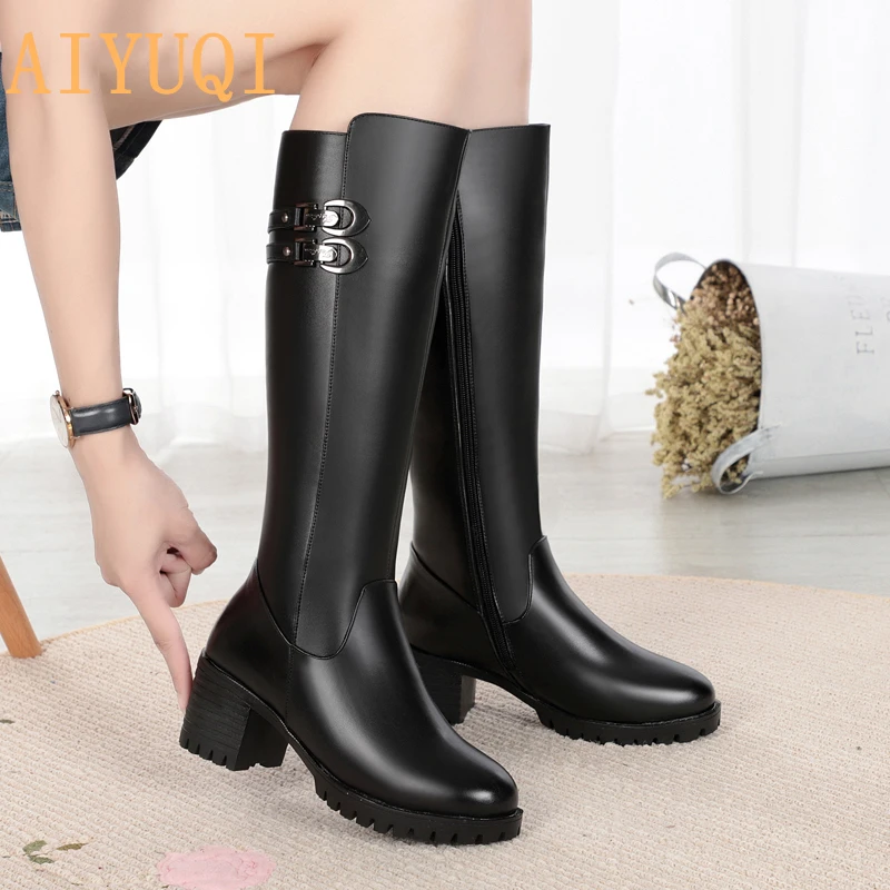 AIYUQI 2024 new women genuine leather winter wool high heel high boots big size 41 42 43 warm snow boots women