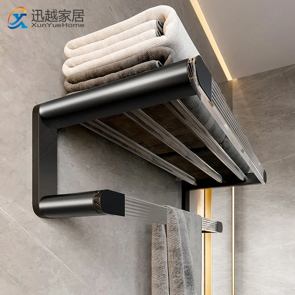 Towel Rack 60CM Fixed Bath Holder Acrylic Aluminum Black Bathroom Accessories Wall Mount Rail Shower Hanger Storage Shelf Bar