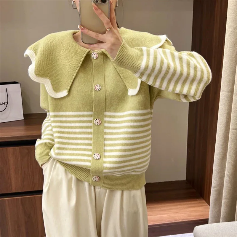 

Women's Knitted Cardigan Sweater 2024 Autumn and Winter New Style Loose-fit Thickened Striped Sweater Jacket Outer Wear Top Y119