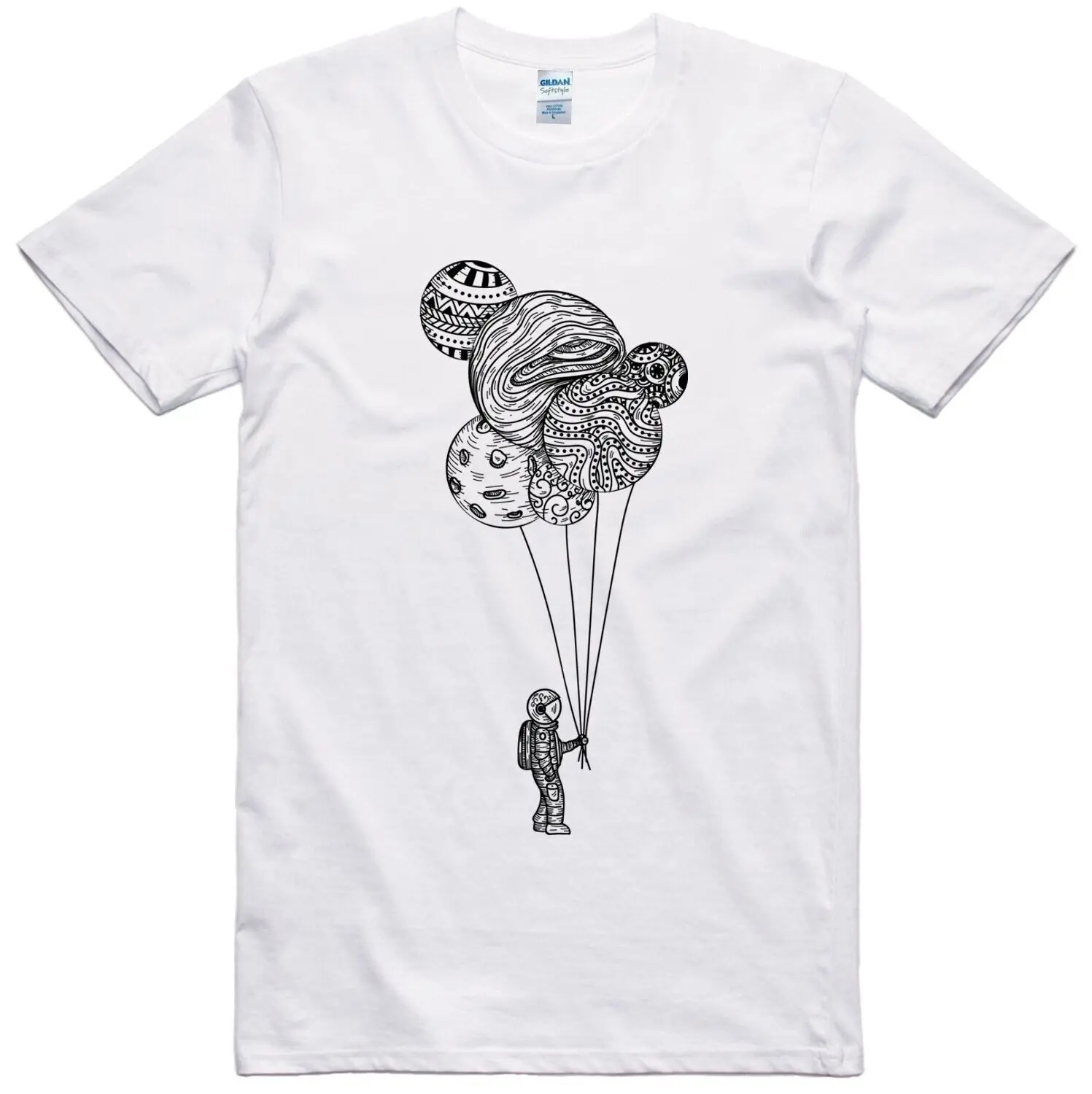 Unisex T Shirt Astronaut Holding Planet Balloons Regular Fit Ring Spun Tee