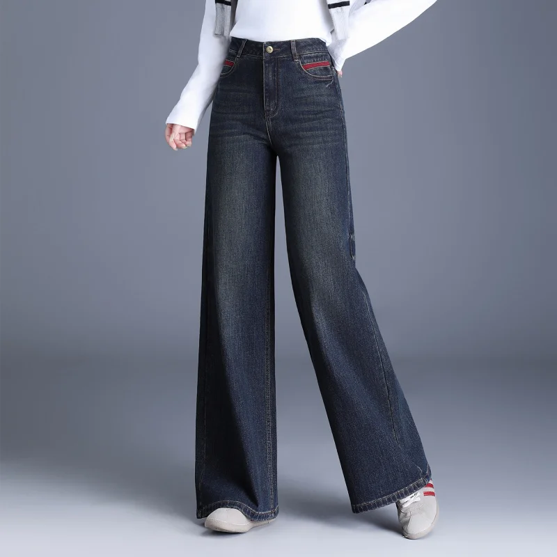 جينز عالي الجودة مطرز بأرجل واسعة للنساء، للربيع والخريف جديد عالي الخصر وقابل للتمدد وفضفاض للتخسيس بتصميم كلاسيكي مستقيم الساق #3