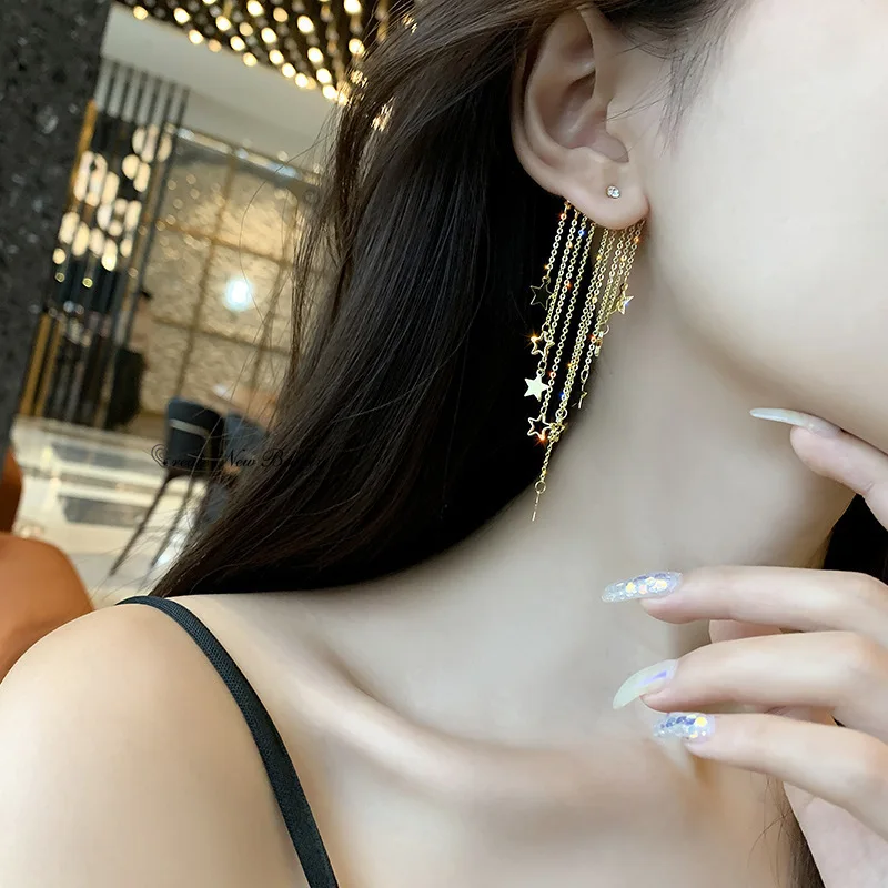 S925 Silver Needle Light Luxury Temperament Exaggerated Long Star Tassel Earrings Creative South Korea Big Ear Stud