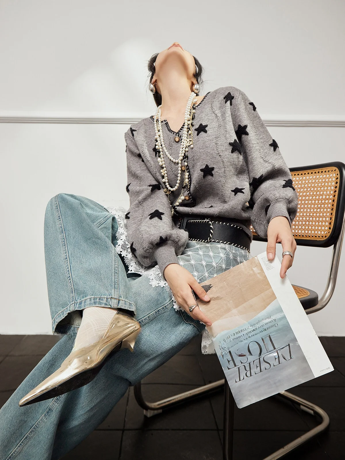 

ay Knitted Open Cardigan Women's Loose V-ne Star Design Casual Sle Long Sve Breathable Skin-friendly Autumn New Arrival