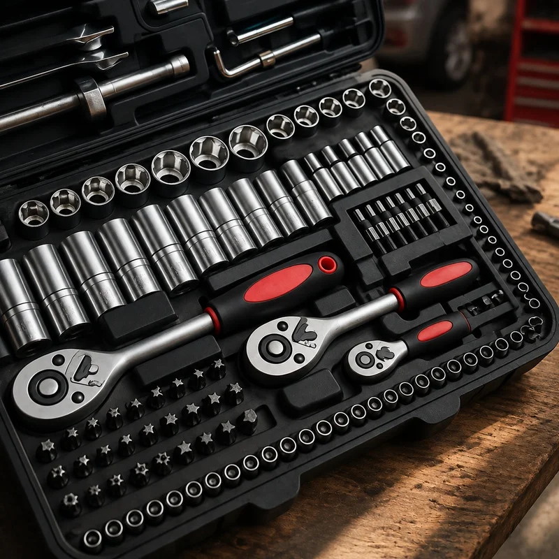 46-Piece Socket Set with Chrome Vanadium Steel, Ratchet Handle, Extensions, and Storage Case for Car and Home Repairs